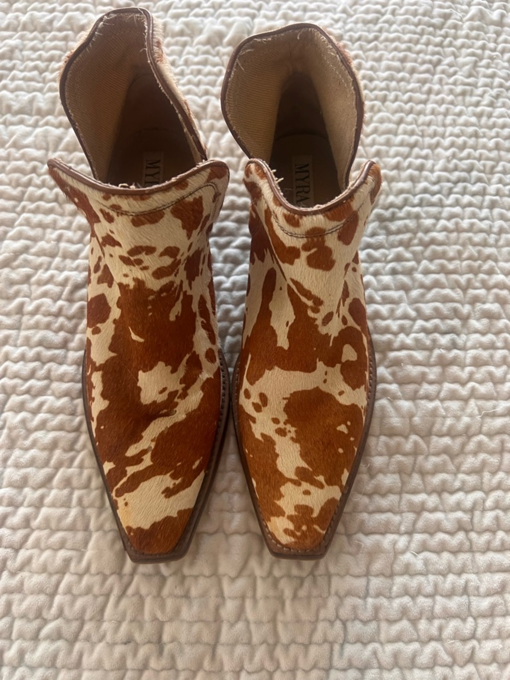 Myra Bag Brown & Cream Cowhide SNUG WESTERN BOOTIES - SNIP TOE